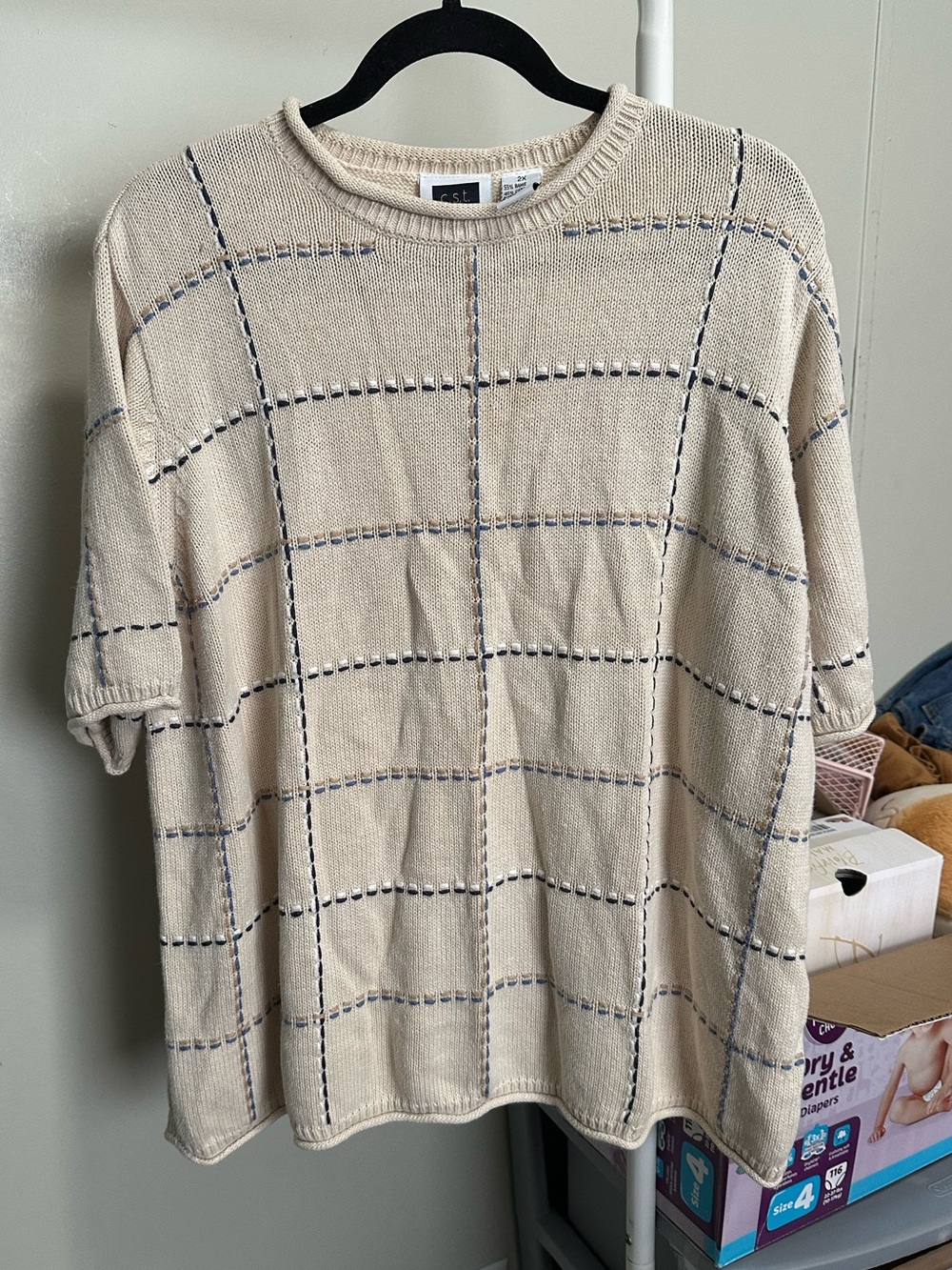 Vintage Cream Grid line knit pattern shortsleeve round neck sweater top size 2X